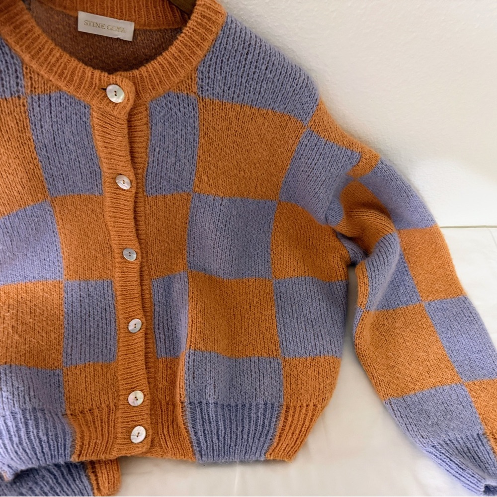 STINE GOYA Designer Check Cardigan Scandinavian Knit Orange Purple Size M - Picture 3 of 10